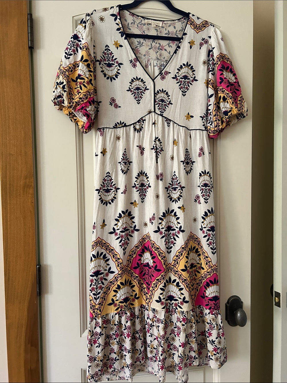 Fig + Flower White Midi Dress with Pink & Gold Floral Border and Puff Sleeves
